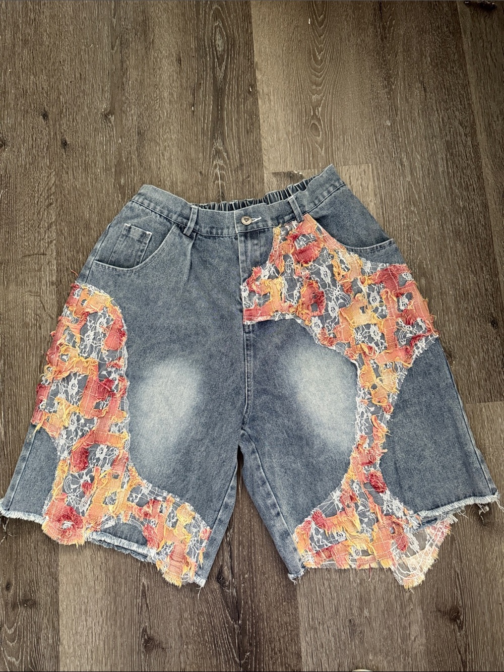 Aelfric Eden Blue Denim Shorts “jorts”  with Orange & Pink lace Patchwork